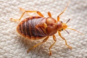 Obraz premium Close-up of a small, flat, reddish-brown bed bug crawling on a white sheet, its tiny legs and antennae visible, highlighting the pest's notorious presence.