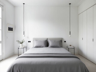a simple bedroom with white walls, a sleek bed with gray bedding, and minimal decor.