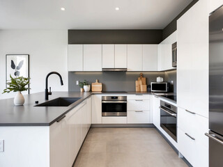Fototapeta premium Step into an open-concept kitchen with sleek white cabinets, a gray countertop, stainless steel appliances, and minimal decor.