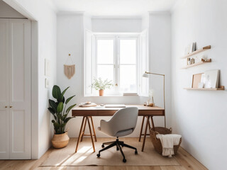 Fototapeta premium Achieve productivity in a clean and organized home office with white walls, a simple wooden desk, a comfortable chair, and minimal decor.