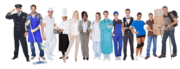 Diverse group of professionals in various uniforms smiling together