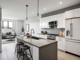 Step into an open-concept kitchen with sleek white cabinets, a gray countertop, stainless steel appliances, and minimal decor.