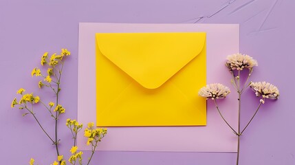 White blank card yellow envelope and flower on purple background