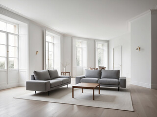 Fototapeta premium Experience the serene elegance of a spacious living room with white walls, a sleek gray sofa, a simple wooden coffee table