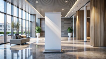 Modern pull-up banner mockup stands isolated in an elegant lobby with a blank roll-up poster, surrounded by sleek interior design and luxurious flooring.