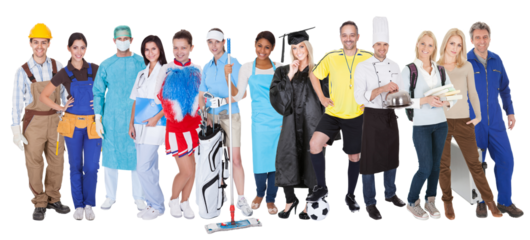 Diverse Group of Professionals in Uniform Standing Together in a Line, Smiling