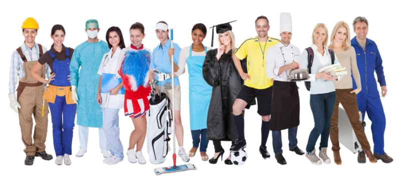 Diverse Group of Professionals in Uniform Standing Together in a Line, Smiling