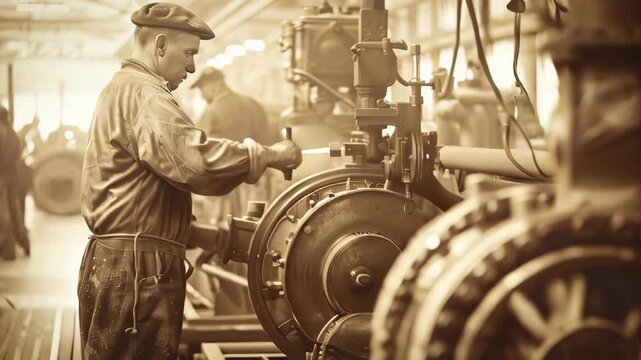 Vintage sepia image of workers in an industrial factory
