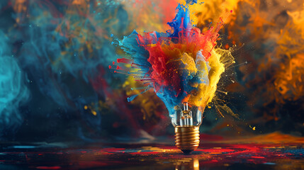 explosion of a traditional electric bulb. shot taken in high speed, colorful paint and splashes, New idea, brainstorming concept, Generative Ai