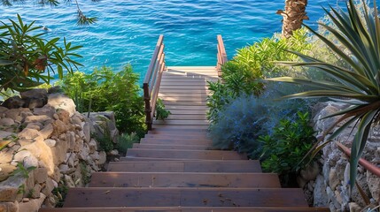 Wooden stairs into the sea view terrace