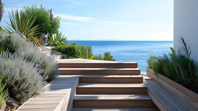 Wooden stairs into the sea view terrace - Powered by Adobe