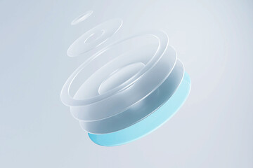 Lens. Connection, decomposition of the lens system. Innovations and technologies. 3D illustration.
