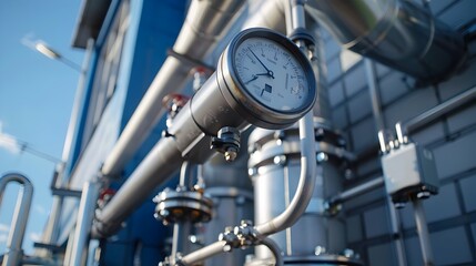 Modern Industrial Gas Equipment with Manometers and Pipes Against Blue Sky