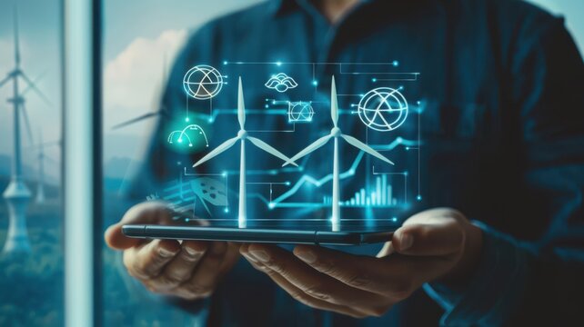 A man is holding a tablet with a screen displaying a wind turbine