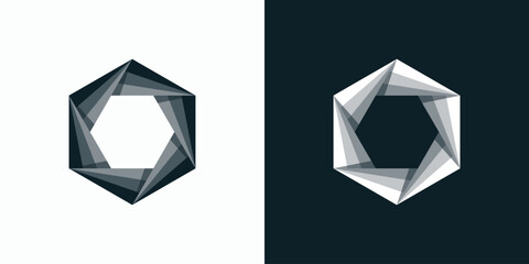 Geometric hexagon shape vector logo design with three-dimensional effect modern, simple, clean and abstract style.