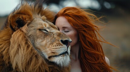Portrait of a red-haired young adult beautiful woman with a lion © CaptainMCity