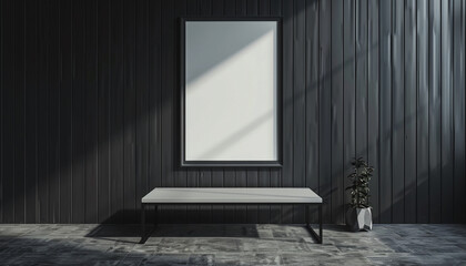 empty table in clean black wall with empty frame
