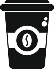 Simple icon of a disposable coffee cup with a coffee bean logo, representing takeaway coffee