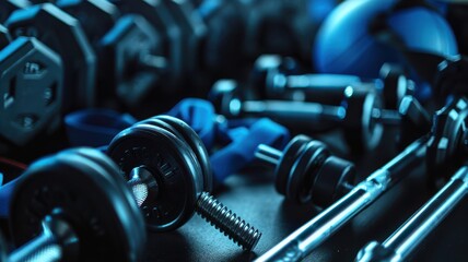 A bunch of weights and dumbbells are on a black surface