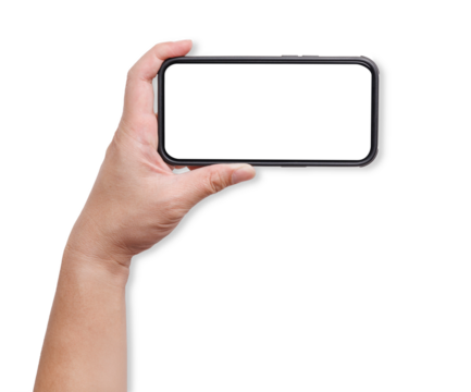 A hand holding a mockup smartphone with empty transparent screen in horizon landscape view. Background cutout.