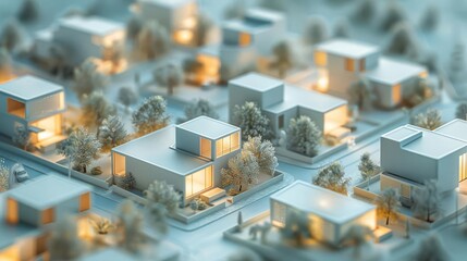 3D minimalist housing blocks connected by walkways, representing community living, housing demand