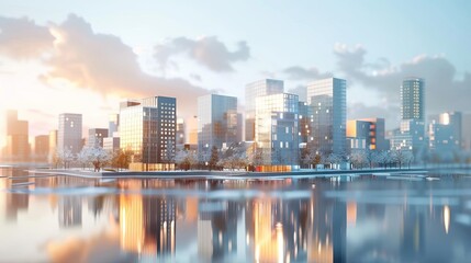 3D minimalist urban area with mixed-use buildings, showcasing diverse housing options, high demand