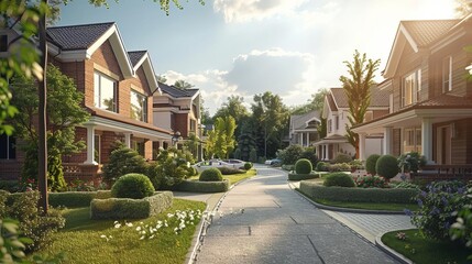 Fototapeta premium Elegant 3D minimalist single-family homes with manicured lawns, depicting residential real estate market, high demand