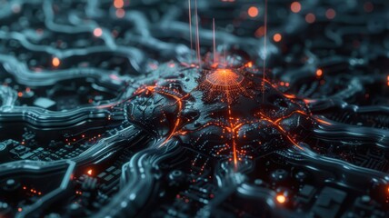 A computer chip with a glowing red center