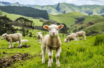 Fototapeta premium A cute baby lamb standing in the green grass of New Zealand, with other lambs behind him. lamb has white wool and is looking at the camera background rolling hills cover with lush