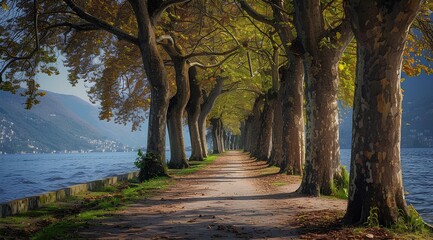 A row of trees line the sidewalk near Lake Como, Italy, with bright colors and thick brush strokes. The landscape depicts a sunny day, with rolling hills and a calm blue lake in the distance.