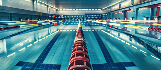 Indoor swimming pool with lane ropes set up for a swim meet in sports arena, with copy space image.