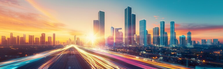 Fototapeta premium Panorama of futuristic cityscape at sunset with light trails blending innovation and urban vibrancy. 