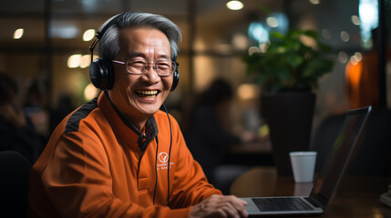 Senior, happy man and call center with headphones in customer service