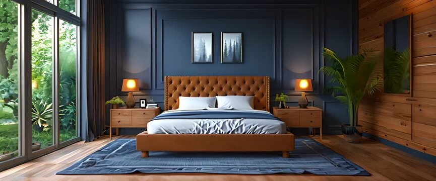 Modern hotel bedroom interior with bed, chest of drawers with decorations and plants on hardwood floor. Relaxing room with panoramic windows in the tropics