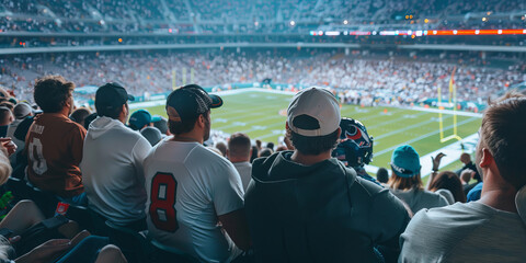 a view down the ranks at an american football stadium. The back of fans are visible that are cheering and supporting their team.generative ai