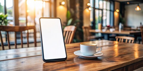Hands of an unseen woman cradle a sleek black phone with a clean white screen, placed on a rustic wooden table in a cozy cafe setting.