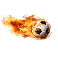 Fototapeta premium Flying soccer ball burning with fiery flames isolated on white background Artificial Intelligence Generated