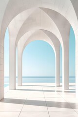 architectural photography, long perspective view of white stone arches, arching towards the horizon, symmetrical composition, sunlight casting shadows on the ground, minimalist design