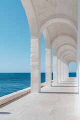 architectural photography, long perspective view of white stone arches, arching towards the horizon, symmetrical composition, sunlight casting shadows on the ground, minimalist design