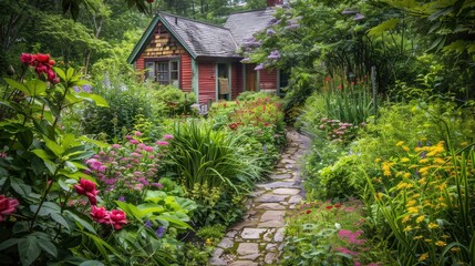 A picturesque garden house with a stone pathway leading through a vibrant garden filled with various plants.