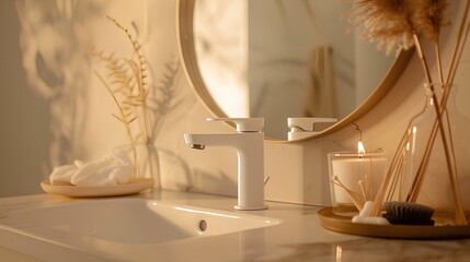 Fototapeta premium a closeup of a white faucet on a marble countertop with a round mirror and soap dish in front of a light beige wall, minimalist, comfort, and luxury in the style of modern home decor