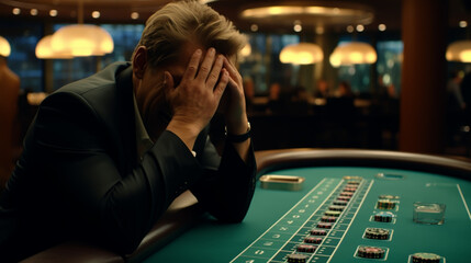 Young devastated businessman losing poker game at casino, gambling addiction