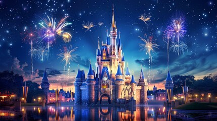 Fototapeta premium Castle in the night sky, fireworks fill up and down, reflecting on the lake, dreamy lights, magical atmosphere, colorful decorations, towering buildings around it, princess castle, sparkling stars