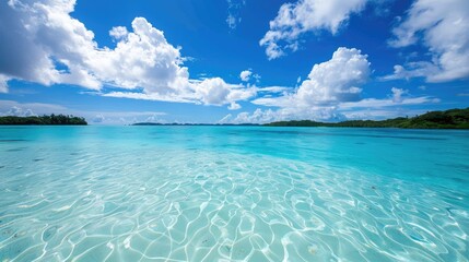 A picturesque lagoon with turquoise water and white sandy beaches under a clear blue sky.