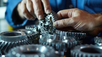 A man is working on a set of gears, possibly repairing or assembling them