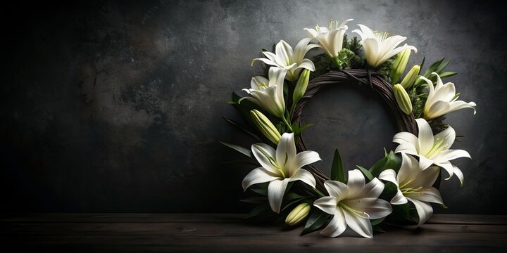 A dark, eerie, and solemn postcard design with a black funeral wreath, white lilies, and a blank space for a farewell message, evoking sadness and mourning.