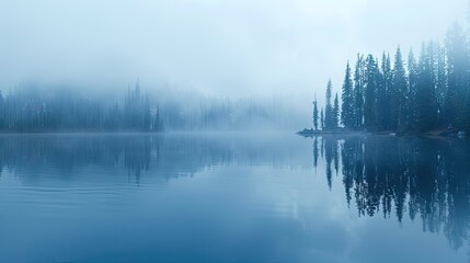 Obraz premium A quiet lake covered in fog, with the reflection of trees barely visible in the water.