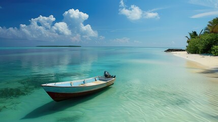 A quiet lagoon with a sandy beach and a small boat moored nearby, perfect for relaxation.