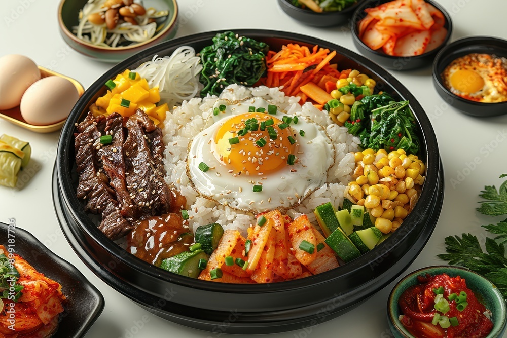 Sticker bibimbap and korean side dishes on a white background korean food concept