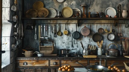 A rustic kitchen with a variety of utensils hanging from a wrought iron rack.